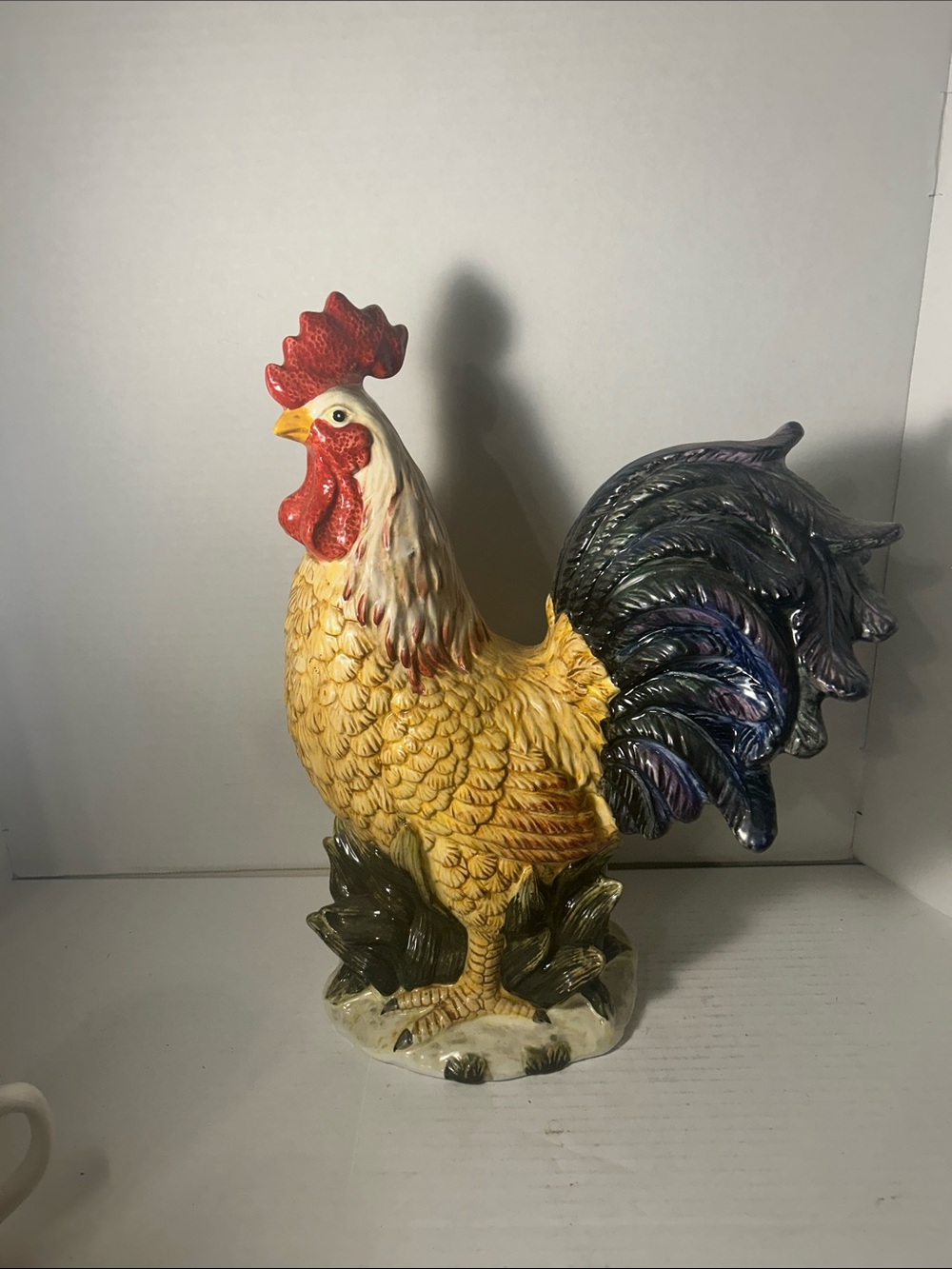Hand-Painted Yellow Ceramic Rooster Figurine with Multicolor Tail 16 inches Hig